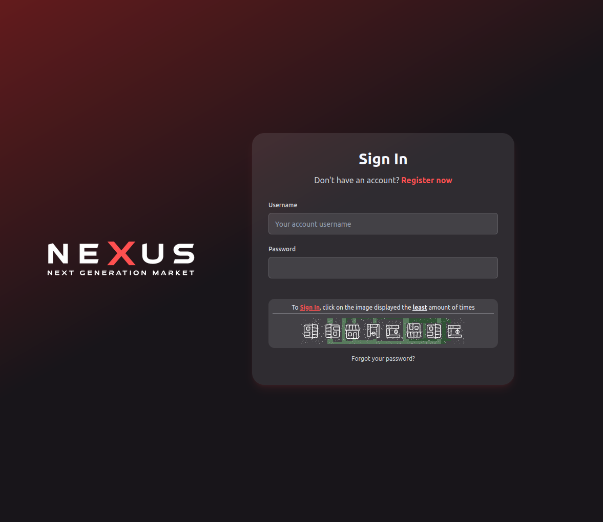 Login page of NEXUS Market with secure access